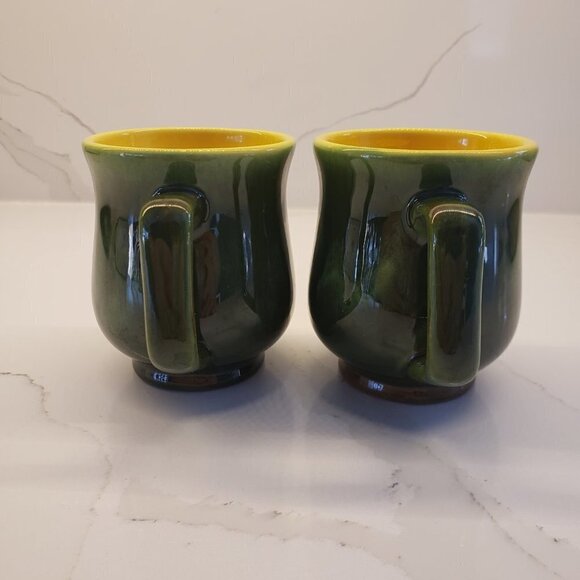 Set of 2 Glazed Green Exterior Yellow Interior mini small tea coffee mu… - Picture 3 of 9